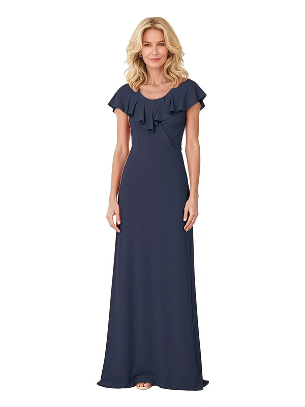 Elegant Short Sleeves Chiffon Scoop A-Line Ruffle Floor Length Mother Of The Bride Dresses