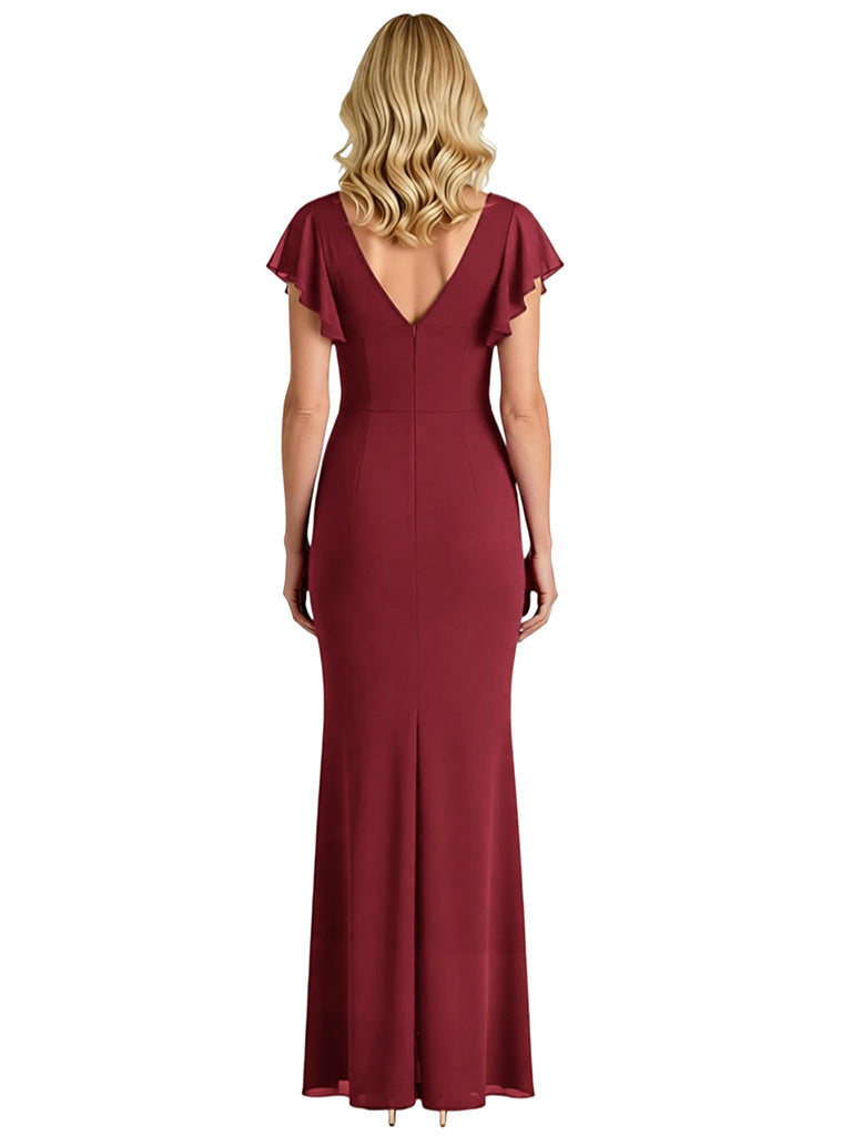 Elegant V-neck Flutter Sleeves Mermaid Chiffon Mother of the Brides Dresses Side Slit