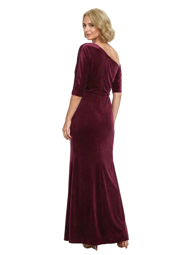 Sophisticated Asymmetrical Neckline Velvet Half Sleeves Maxi Mother Of The Groom Dress
