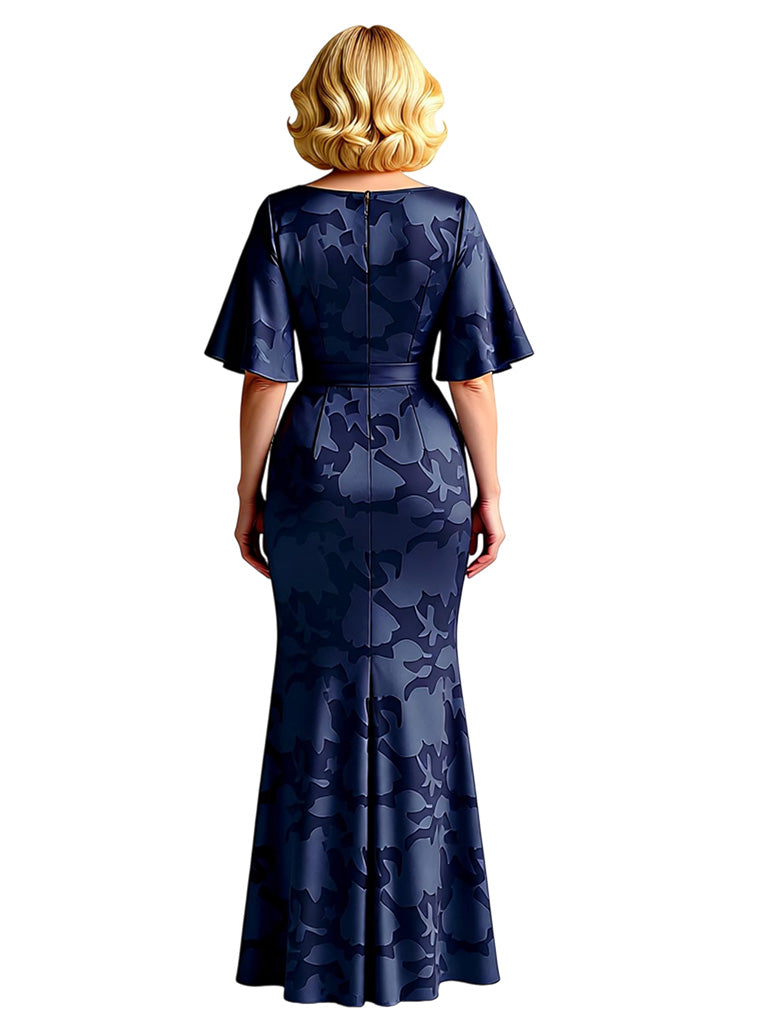 Elegant Chiffon Floral Burnout V-neck Flutter Sleeves Mermaid Mother of The Bride Dresses