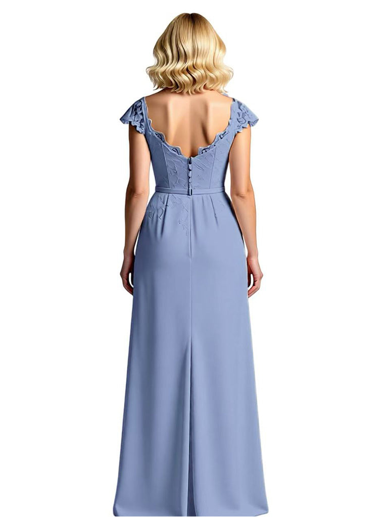 Elegant Chiffon V-neck Cap Sleeves A-line Mother of The Bride Dresses Side Slit