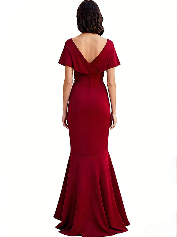 Elegant V-neck Flutter Sleeves Mermaid Ruffles Crepe Mother Of The Bride Dresses
