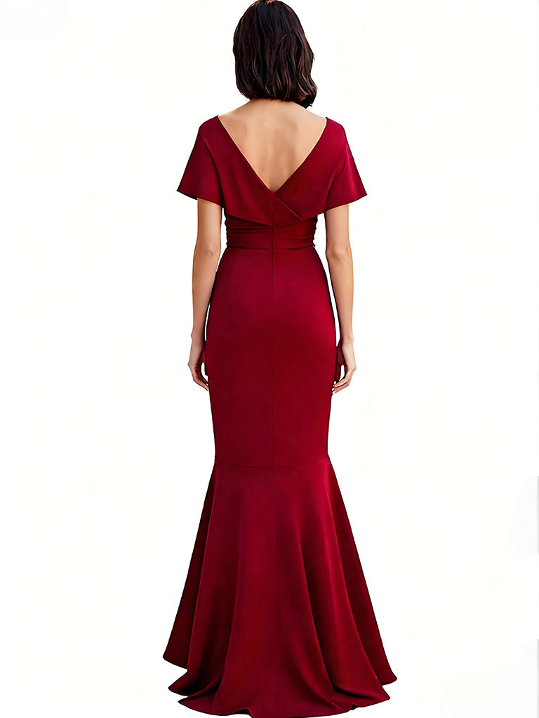 Elegant V-neck Flutter Sleeves Mermaid Ruffles Crepe Mother Of The Bride Dresses