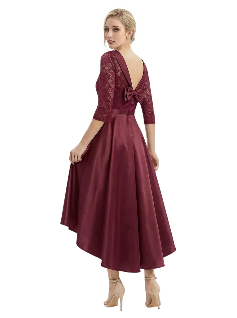 Elegant Boat Neck Satin Lace Mother Of The Bride Dresses High-Low A-Line Gowns