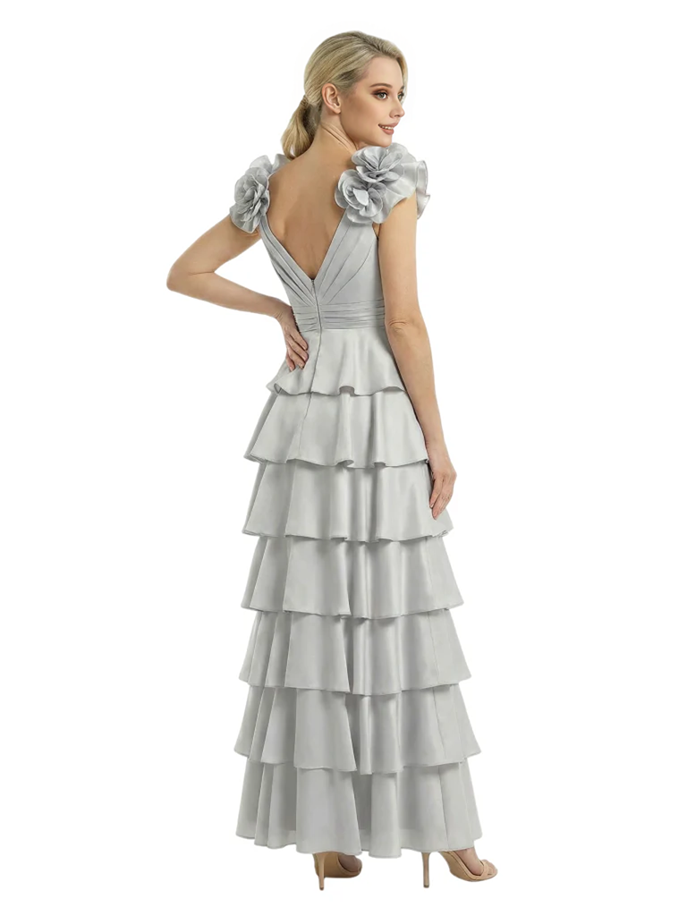 Mother of The Bride Dresses V-Neck Sleeveless Satin Tiered Maxi Gown Unique Flower Detailed Formal Wedding Event Attire