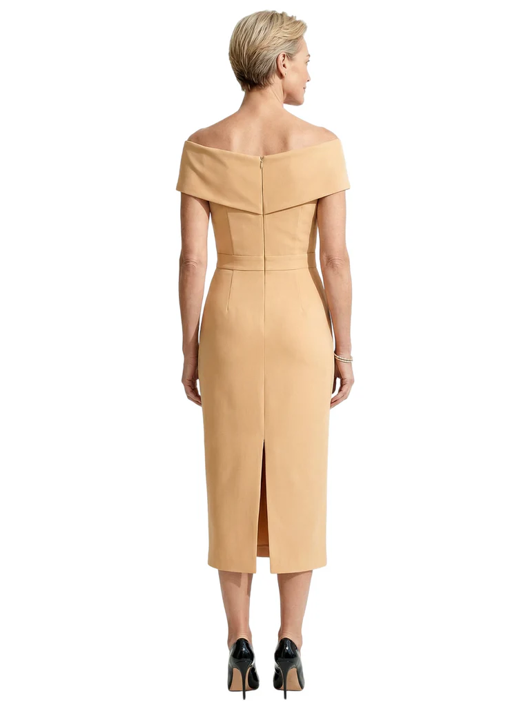 Mother of The Bride Dress Classy Off Shoulder Crepe Sheath Midi Gown Modern Wrap Detail