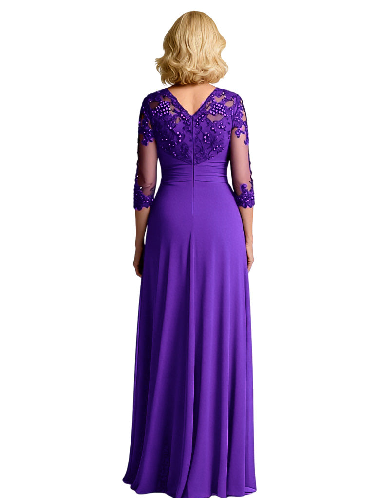 Elegant V-neck Half Sleeves A-line Chiffon Long Mother of the Brides Dresses