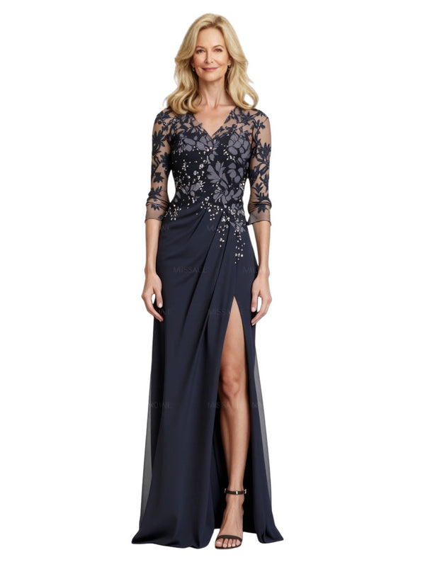 Elegant V-Neck Chiffon Lace 3/4 Sleeves A-Line Long Mother Of The Bride Groom Dresses