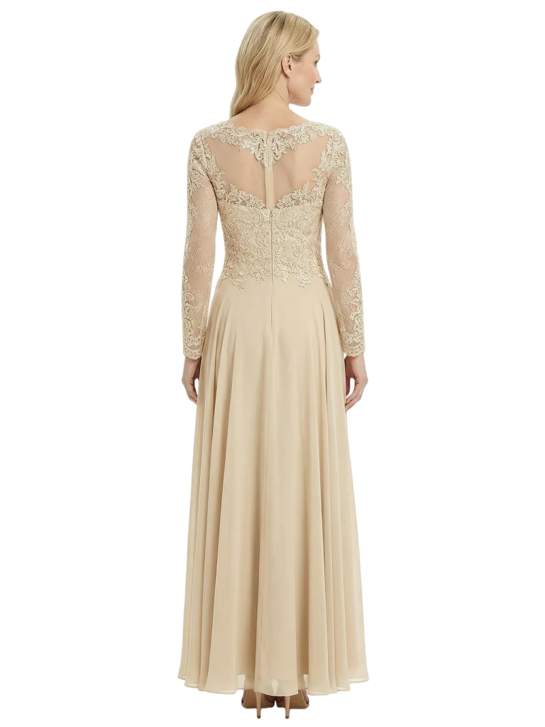 Mother of The Bride Dresses Scoop Long Sleeve Lace Chiffon Maxi Gown Pretty Embroidered Formal Wedding Event Attire