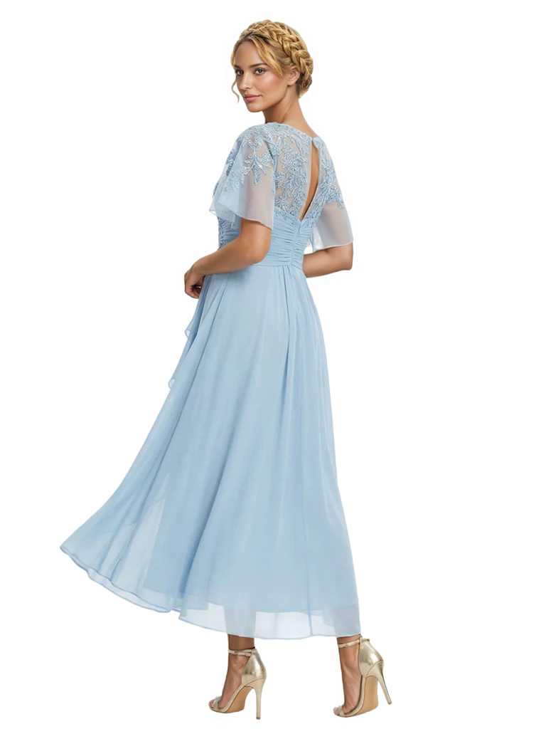 Unique Flutter Sleeves Lace Beaded Short Mother of the Groom Dresses