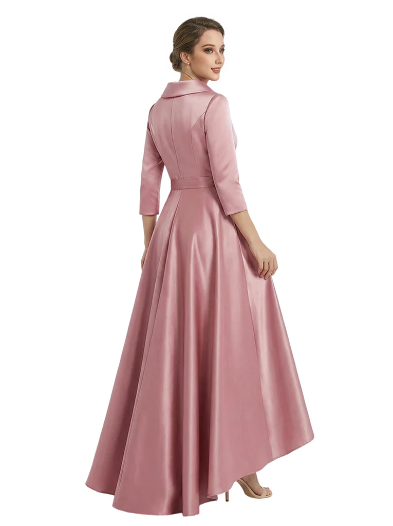 Modern High-Low 3/4 Sleeves Satin Mother Of The Bride Dress With Bow Knot