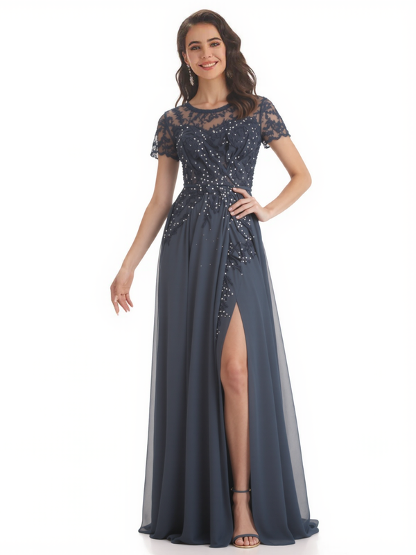 Elegant Chiffon Short Sleeves Side Slit Lace A-Line Floor Length Mother Of The Bride Dresses