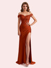 Elegant Off Shoulder Mermaid Side Slit Soft Satin Long Matron of Honor Dress For Wedding
