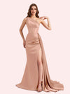 Sexy One Shoulder Mermaid Side Slit Soft Satin Long Matron of Honor Dress For Wedding For Sale