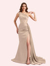 Sexy One Shoulder Mermaid Side Slit Soft Satin Long Matron of Honor Dress For Wedding For Sale