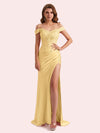 Elegant Off Shoulder Mermaid Side Slit Soft Satin Long Matron of Honor Dress For Wedding