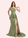 Sexy One Shoulder Mermaid Side Slit Soft Satin Long Matron of Honor Dress For Wedding