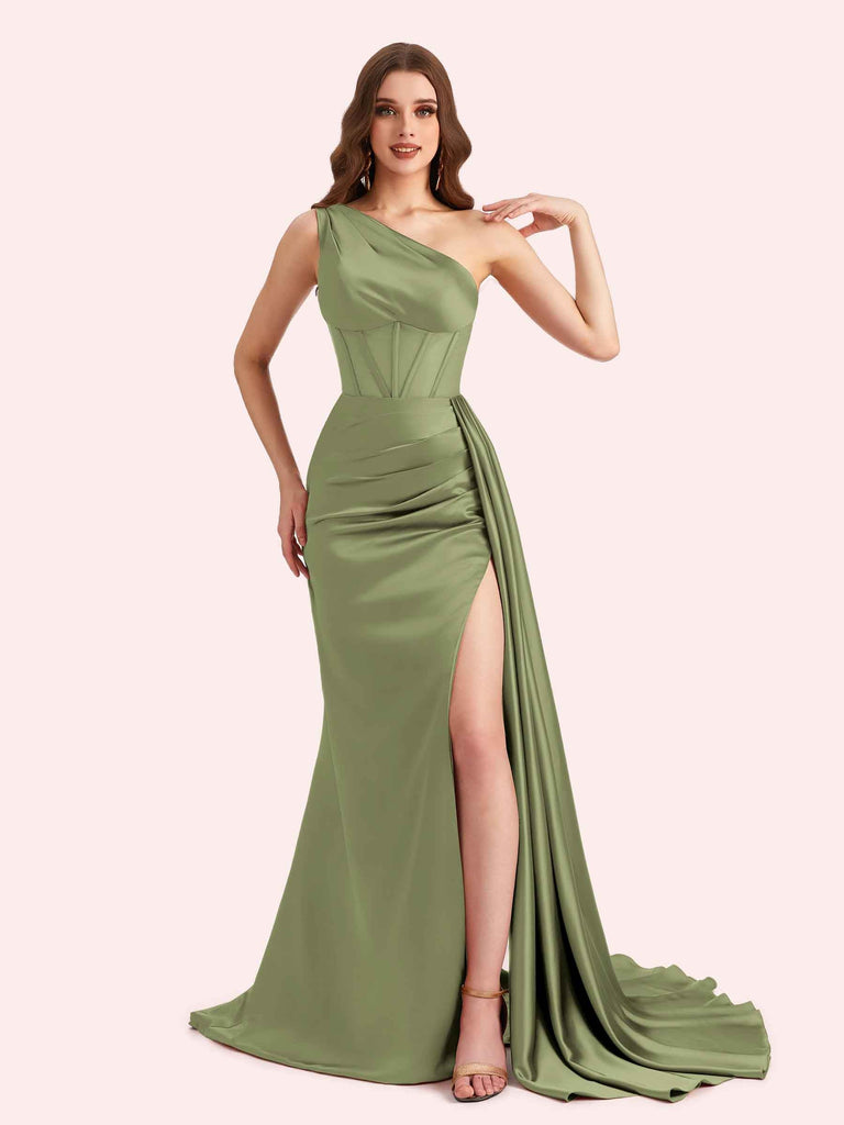 Sexy One Shoulder Mermaid Side Slit Soft Satin Long Matron of Honor Dress For Wedding For Sale