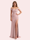 Elegant Off Shoulder Mermaid Side Slit Soft Satin Long Matron of Honor Dress For Wedding