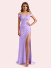 Elegant Off Shoulder Mermaid Side Slit Soft Satin Long Matron of Honor Dress For Wedding