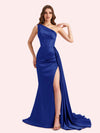 Sexy One Shoulder Mermaid Side Slit Soft Satin Long Matron of Honor Dress For Wedding