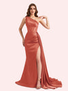 Sexy One Shoulder Mermaid Side Slit Soft Satin Long Matron of Honor Dress For Wedding For Sale