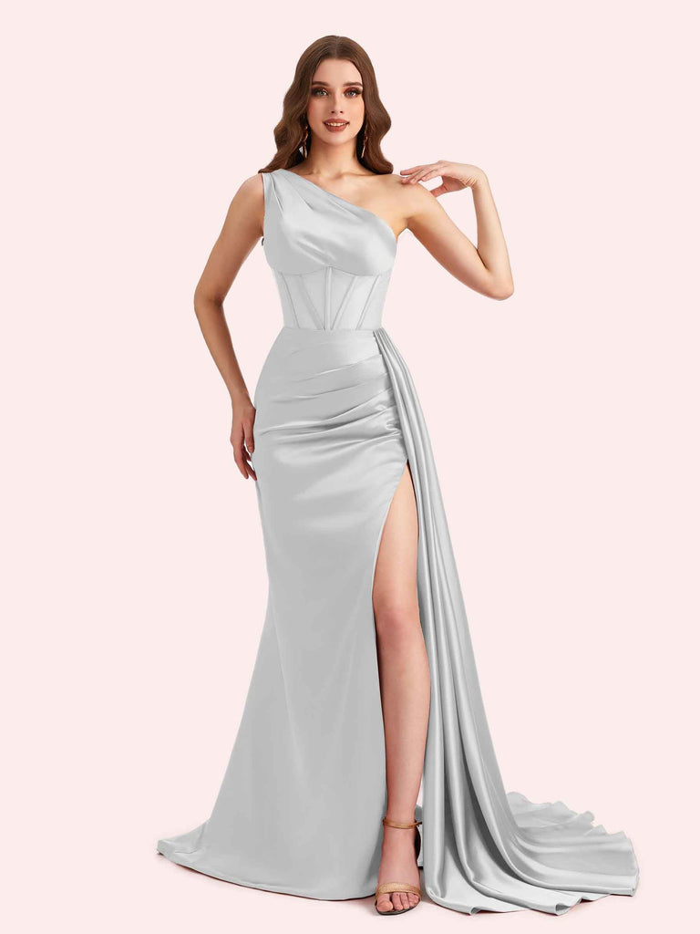 Sexy One Shoulder Mermaid Side Slit Soft Satin Long Matron of Honor Dress For Wedding For Sale