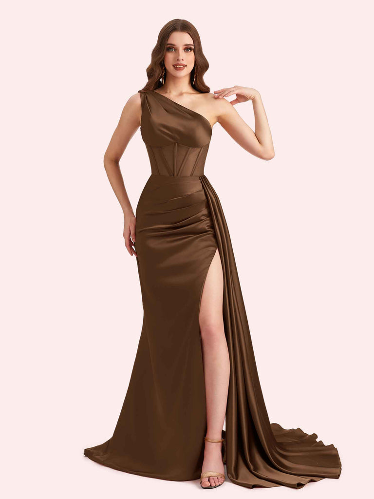 Sexy One Shoulder Mermaid Side Slit Soft Satin Long Matron of Honor Dress For Wedding Sexy One Shoulder Mermaid Side Slit Soft Satin Long Matron of Honor Dress For Wedding
