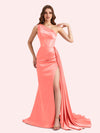 Sexy One Shoulder Mermaid Side Slit Soft Satin Long Matron of Honor Dress For Wedding