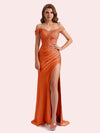 Elegant Off Shoulder Mermaid Side Slit Soft Satin Long Matron of Honor Dress For Wedding