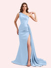 Sexy One Shoulder Mermaid Side Slit Soft Satin Long Matron of Honor Dress For Wedding For Sale