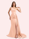 Sexy One Shoulder Mermaid Side Slit Soft Satin Long Matron of Honor Dress For Wedding For Sale