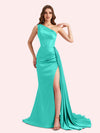 Sexy One Shoulder Mermaid Side Slit Soft Satin Long Matron of Honor Dress For Wedding For Sale