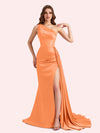 Sexy One Shoulder Mermaid Side Slit Soft Satin Long Matron of Honor Dress For Wedding