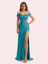 Elegant Off Shoulder Mermaid Side Slit Soft Satin Long Matron of Honor Dress For Wedding