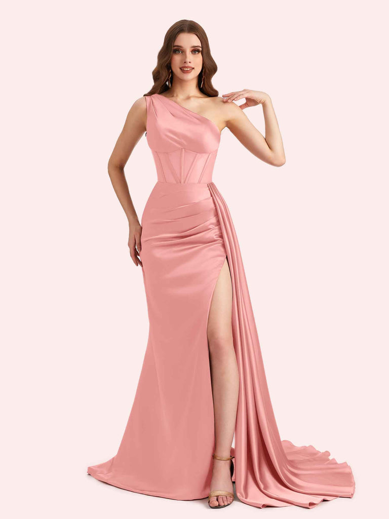 Sexy One Shoulder Mermaid Side Slit Soft Satin Long Matron of Honor Dress For Wedding For Sale