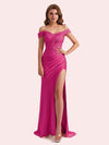 Elegant Off Shoulder Mermaid Side Slit Soft Satin Long Matron of Honor Dress For Wedding