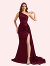 Sexy One Shoulder Mermaid Side Slit Soft Satin Long Matron of Honor Dress For Wedding
