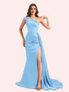 Sexy One Shoulder Mermaid Side Slit Soft Satin Long Matron of Honor Dress For Wedding