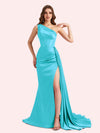 Sexy One Shoulder Mermaid Side Slit Soft Satin Long Matron of Honor Dress For Wedding For Sale