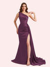 Sexy One Shoulder Mermaid Side Slit Soft Satin Long Matron of Honor Dress For Wedding For Sale