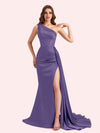 Sexy One Shoulder Mermaid Side Slit Soft Satin Long Matron of Honor Dress For Wedding