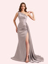 Sexy One Shoulder Mermaid Side Slit Soft Satin Long Matron of Honor Dress For Wedding For Sale