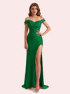 Elegant Off Shoulder Mermaid Side Slit Soft Satin Long Matron of Honor Dress For Wedding