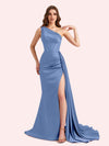 Sexy One Shoulder Mermaid Side Slit Soft Satin Long Matron of Honor Dress For Wedding For Sale