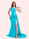 Sexy One Shoulder Mermaid Side Slit Soft Satin Long Matron of Honor Dress For Wedding