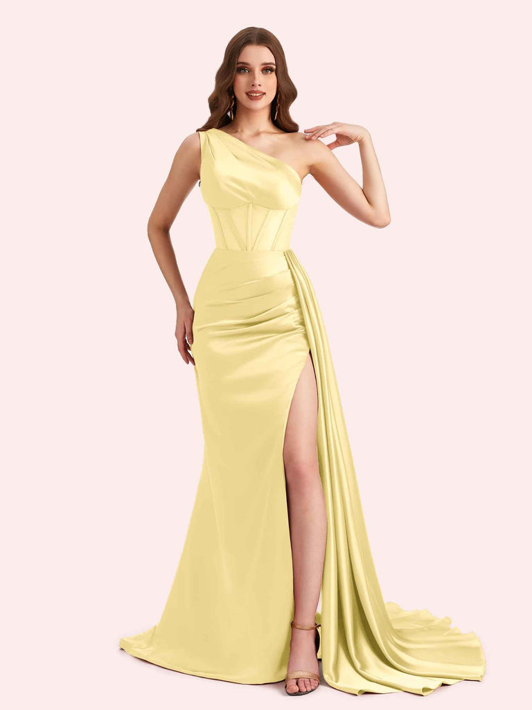 Sexy One Shoulder Mermaid Side Slit Soft Satin Long Matron of Honor Dress For Wedding For Sale