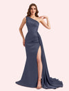 Sexy One Shoulder Mermaid Side Slit Soft Satin Long Matron of Honor Dress For Wedding For Sale