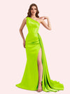 Sexy One Shoulder Mermaid Side Slit Soft Satin Long Matron of Honor Dress For Wedding