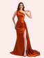 Sexy One Shoulder Mermaid Side Slit Soft Satin Long Matron of Honor Dress For Wedding